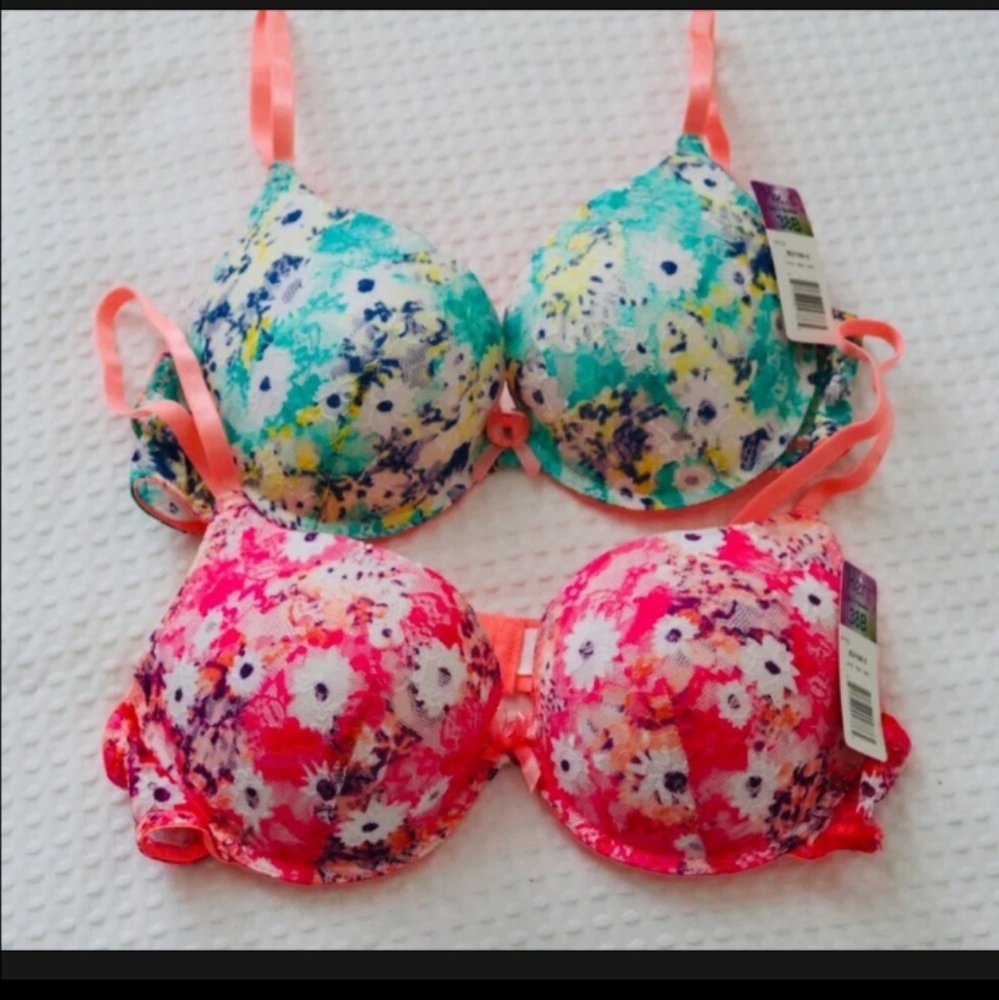 NWT Hers by Herman 2 piece pushup u/w bras teal & pink floral sz 38B